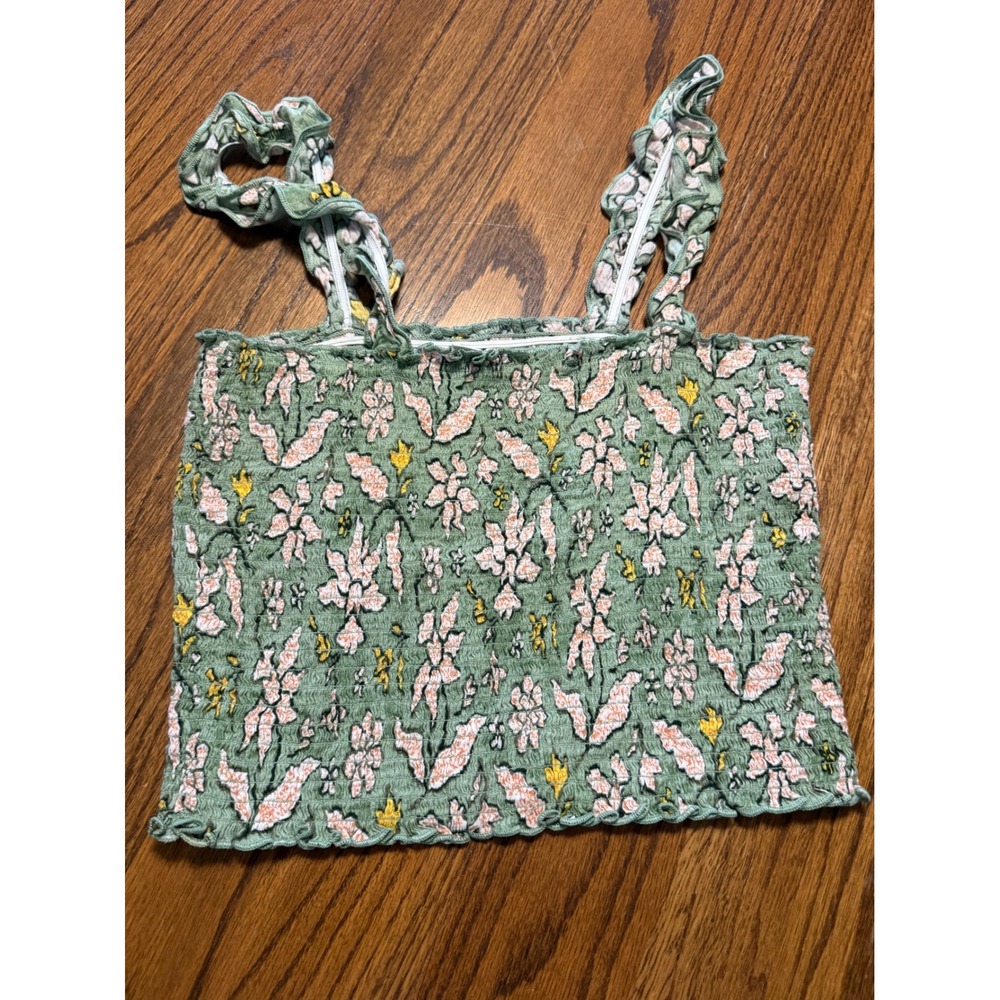 Aerie Green Floral Smocked Crop Top Ruffle Strap Small Lettuce Edge Boho Cottage